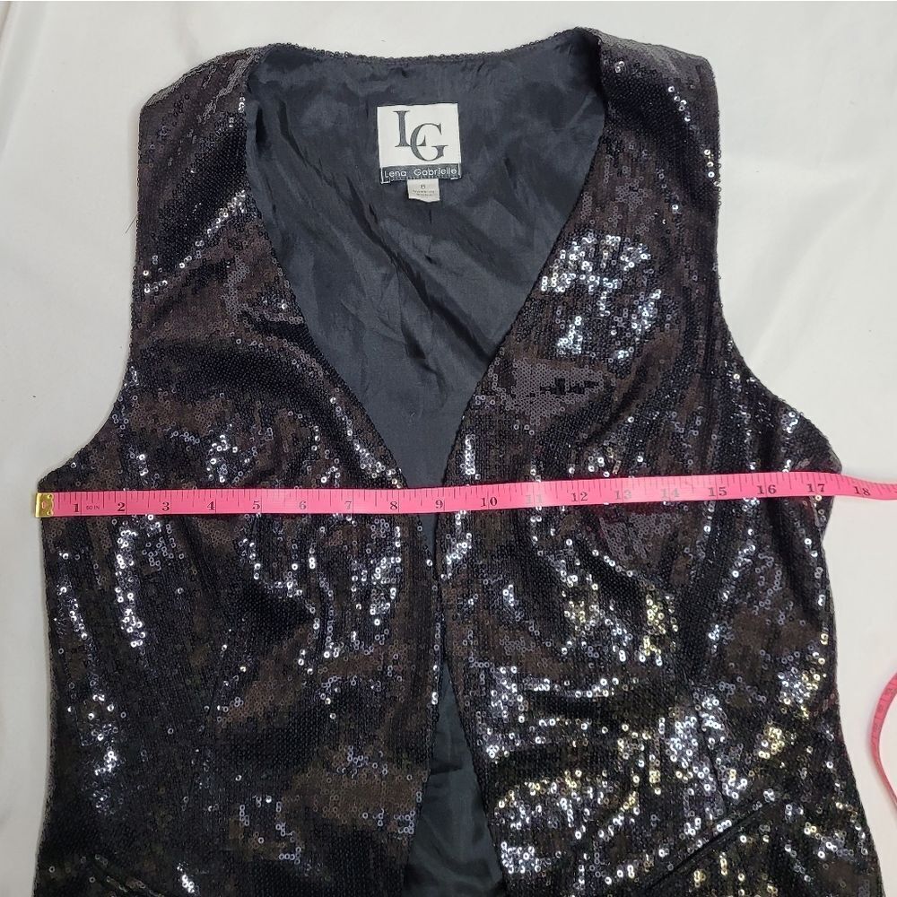 VINTAGE 90s black sequin open front bling drapey vest S/M - Picture 6 of 7